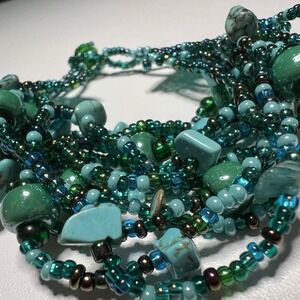 Vintage Multi-Strand Bracelet Mix of Turquoise, Blue &‎ Green Glass Seed Beads
